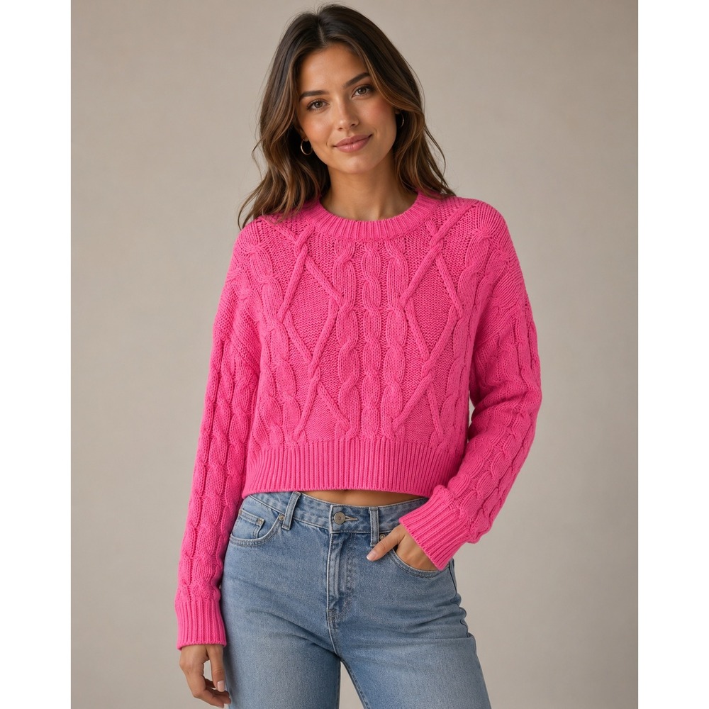 Vestique Sweater Cable Knit Cropped Crew Neck Long Sleeve PinkJT4357VT Small